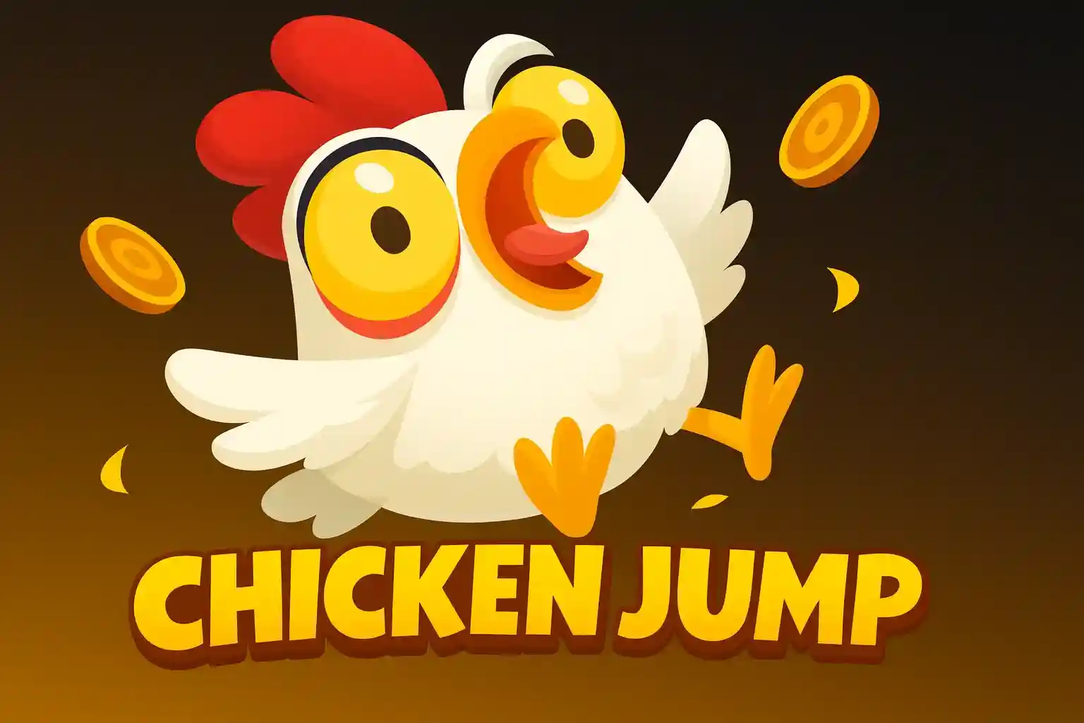 Animated white chicken character from Chicken Jump game in mid-flight with wings spread, surrounded by floating gold coins and green gems on brown background
