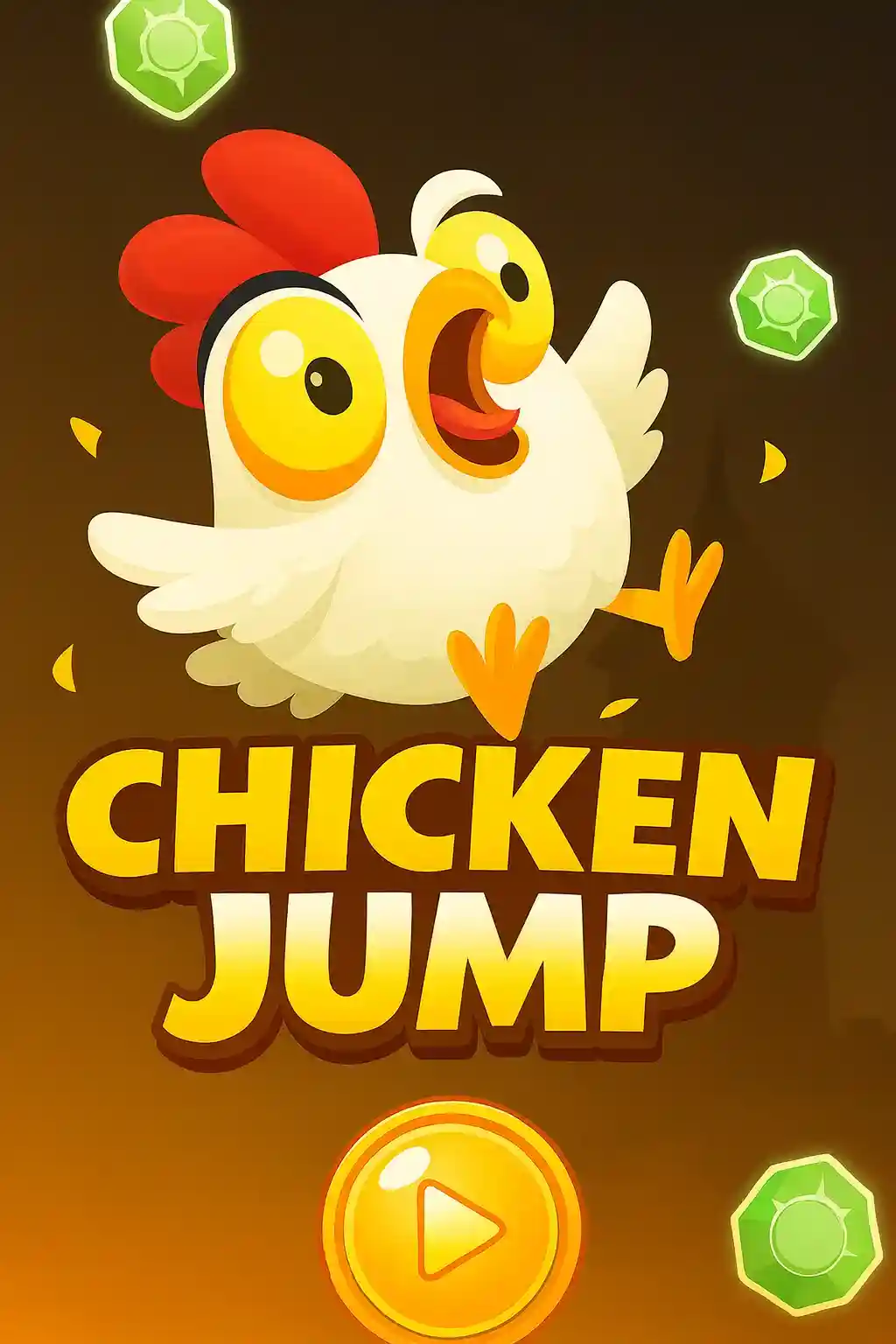 Excited cartoon chicken with open beak and wide yellow eyes from Chicken Jump game, wings outstretched in animated pose with green gems floating nearby