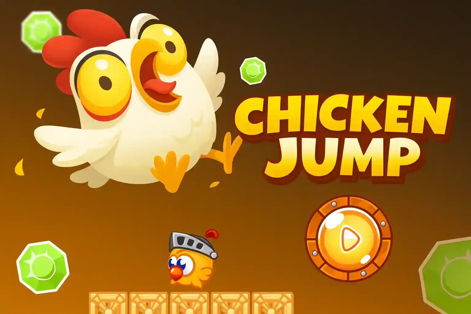 Chicken Jump mobile game main menu featuring a cheerful cartoon chicken with red comb and yellow eyes, surrounded by green gems, with play button and game interface elements