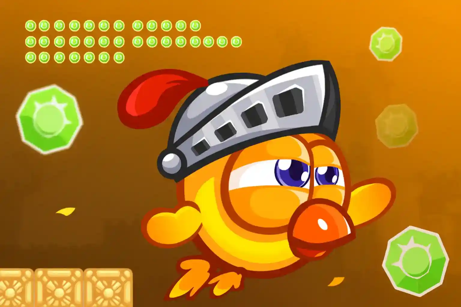 Knight chicken character in medieval helmet flying through orange-tinted game level, collecting green gems with rows of collectibles visible at top of screen