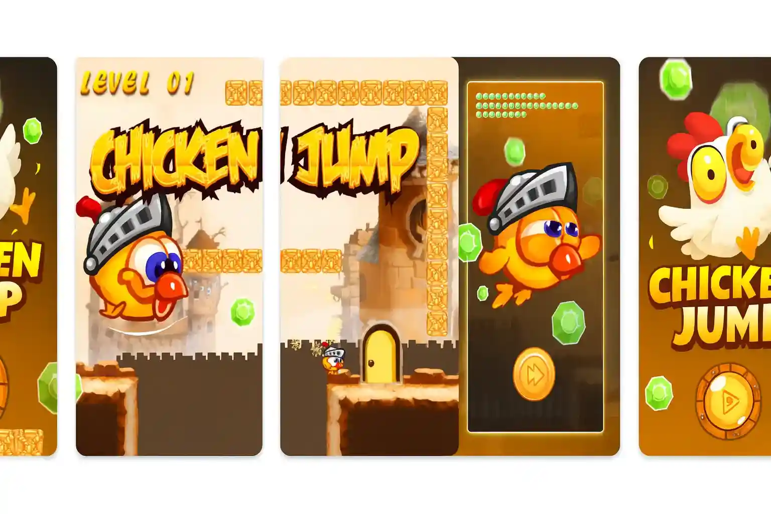 Multiple Chicken Jump game level screenshots showing knight chicken character navigating through platforms, collecting gems in castle-themed environments